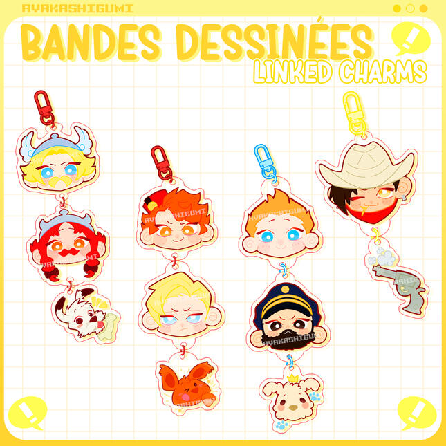 ASTERIX, SPIROU, TINTIN & LUCKY LUKE linked acrylic charms ASTERIX, SPIROU, TINTIN & LUCKY LUKE linked acrylic charms